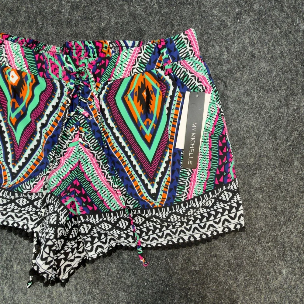 My Michelle Tribal Shorts NWT Womens L Multicolor Lace Up Pom Pom Hem